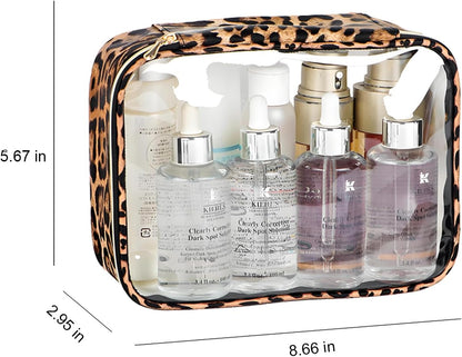 Clear TSA Approved Toiletry Bag - Leopard Clear Makeup Cosmetic Bag with Zipper, Travel Essential Organizer for Women, Ideal for Carry-on Luggage (3-Pack Large)
