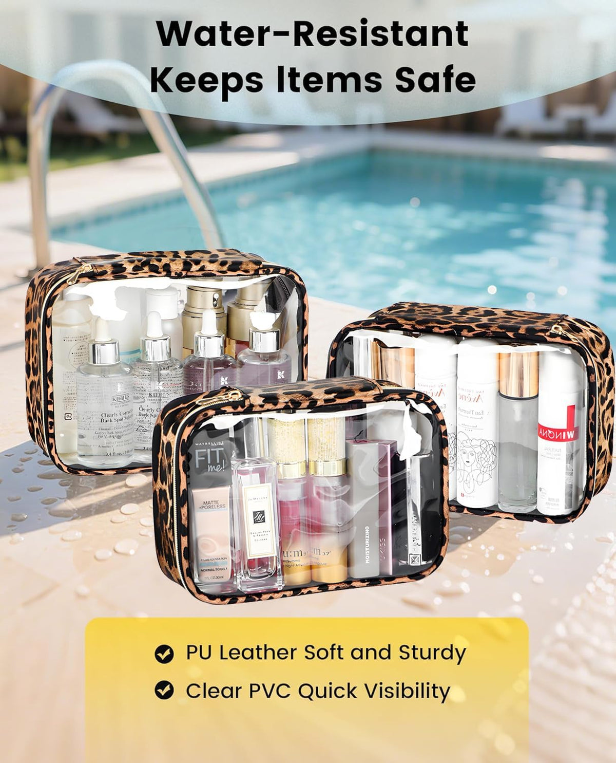 Clear TSA Approved Toiletry Bag - Leopard Clear Makeup Cosmetic Bag with Zipper, Travel Essential Organizer for Women, Ideal for Carry-on Luggage (3-Pack Large)