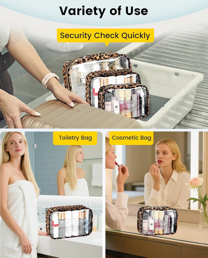Clear TSA Approved Toiletry Bag - Leopard Clear Makeup Cosmetic Bag with Zipper, Travel Essential Organizer for Women, Ideal for Carry-on Luggage (3-Pack Large)