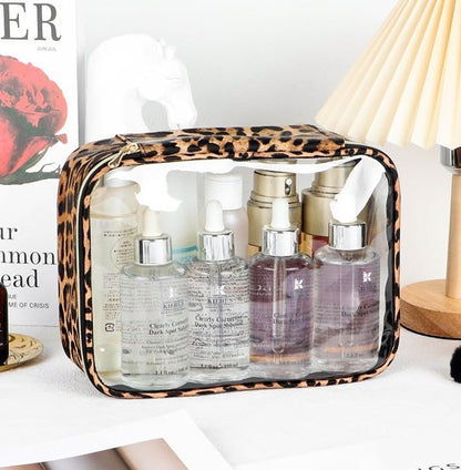 Clear TSA Approved Toiletry Bag - Leopard Clear Makeup Cosmetic Bag with Zipper, Travel Essential Organizer for Women, Ideal for Carry-on Luggage (3-Pack Large)