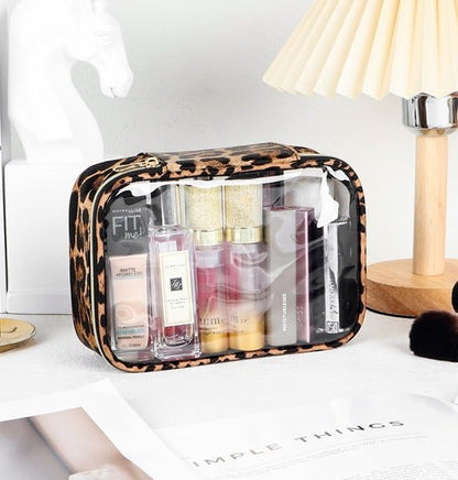 Clear TSA Approved Toiletry Bag - Leopard Clear Makeup Cosmetic Bag with Zipper, Travel Essential Organizer for Women, Ideal for Carry-on Luggage (3-Pack Large)