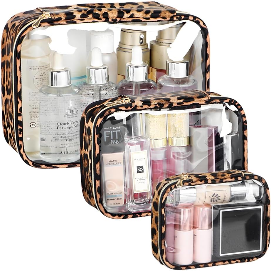 Clear TSA Approved Toiletry Bag - Leopard Clear Makeup Cosmetic Bag with Zipper, Travel Essential Organizer for Women, Ideal for Carry-on Luggage (3-Pack Large)