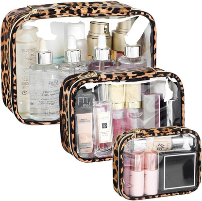 Clear TSA Approved Toiletry Bag - Leopard Clear Makeup Cosmetic Bag with Zipper, Travel Essential Organizer for Women, Ideal for Carry-on Luggage (3-Pack Large)