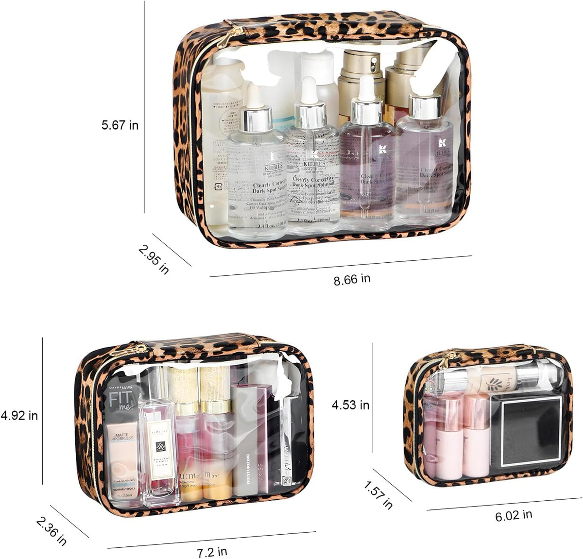 Clear TSA Approved Toiletry Bag - Leopard Clear Makeup Cosmetic Bag with Zipper, Travel Essential Organizer for Women, Ideal for Carry-on Luggage (3-Pack Large)