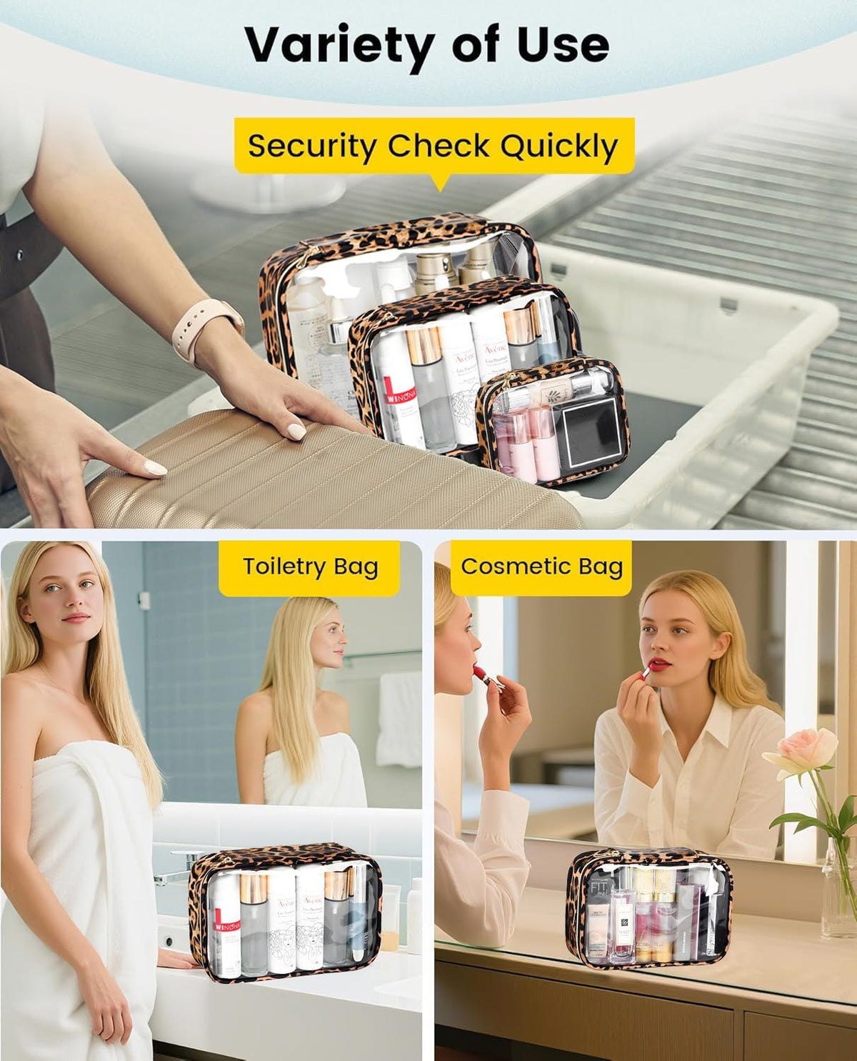 Clear TSA Approved Toiletry Bag - Leopard Clear Makeup Cosmetic Bag with Zipper, Travel Essential Organizer for Women, Ideal for Carry-on Luggage (3-Pack Large)