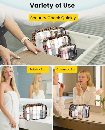 Clear TSA Approved Toiletry Bag - Leopard Clear Makeup Cosmetic Bag with Zipper, Travel Essential Organizer for Women, Ideal for Carry-on Luggage (3-Pack Large)