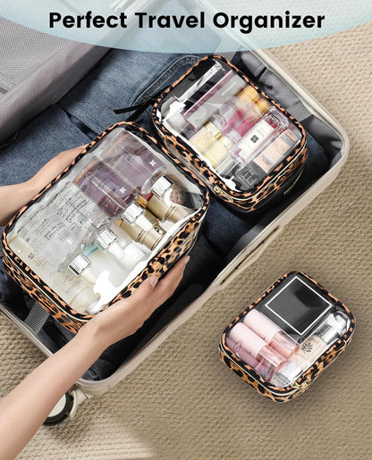 Clear TSA Approved Toiletry Bag - Leopard Clear Makeup Cosmetic Bag with Zipper, Travel Essential Organizer for Women, Ideal for Carry-on Luggage (3-Pack Large)