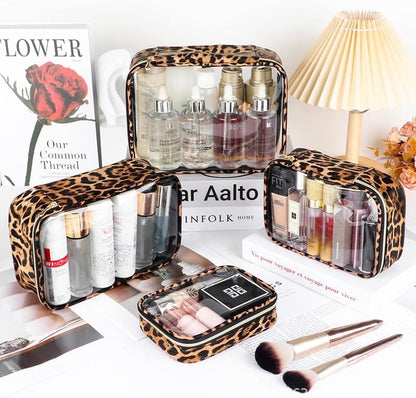 Clear TSA Approved Toiletry Bag - Leopard Clear Makeup Cosmetic Bag with Zipper, Travel Essential Organizer for Women, Ideal for Carry-on Luggage (3-Pack Large)