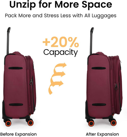 22 inch Carry on Luggage,Softside Suitcase w/TSA LOCK,Expandable 20% Luggage w/Spinner Wheels, Tear-Resistant,Lightweight Rolling Suitcases for Men/Women（Burgundy,22in）