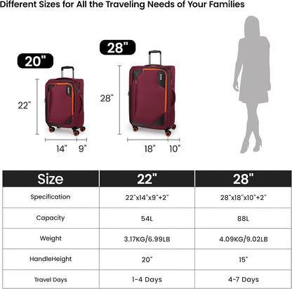 22 inch Carry on Luggage,Softside Suitcase w/TSA LOCK,Expandable 20% Luggage w/Spinner Wheels, Tear-Resistant,Lightweight Rolling Suitcases for Men/Women（Burgundy,22in）