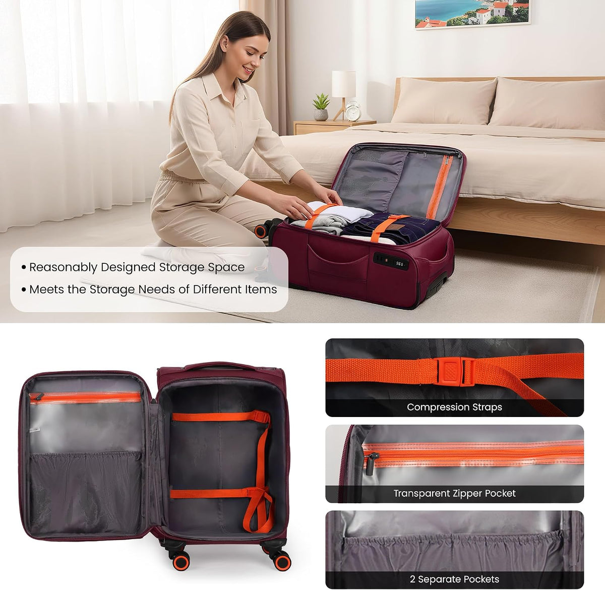22 inch Carry on Luggage,Softside Suitcase w/TSA LOCK,Expandable 20% Luggage w/Spinner Wheels, Tear-Resistant,Lightweight Rolling Suitcases for Men/Women（Burgundy,22in）