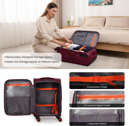 22 inch Carry on Luggage,Softside Suitcase w/TSA LOCK,Expandable 20% Luggage w/Spinner Wheels, Tear-Resistant,Lightweight Rolling Suitcases for Men/Women（Burgundy,22in）