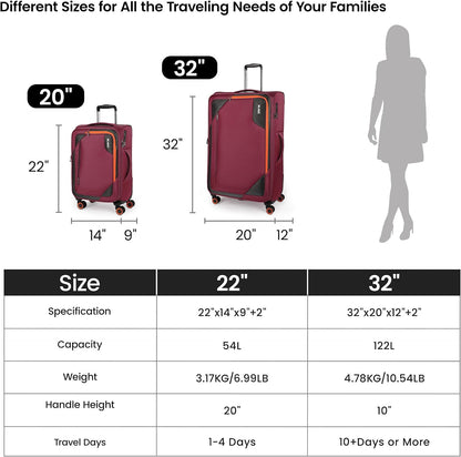 22 inch Carry on Luggage,Softside Suitcase w/TSA LOCK,Expandable 20% Luggage w/Spinner Wheels, Tear-Resistant,Lightweight Rolling Suitcases for Men/Women（Burgundy,22in）