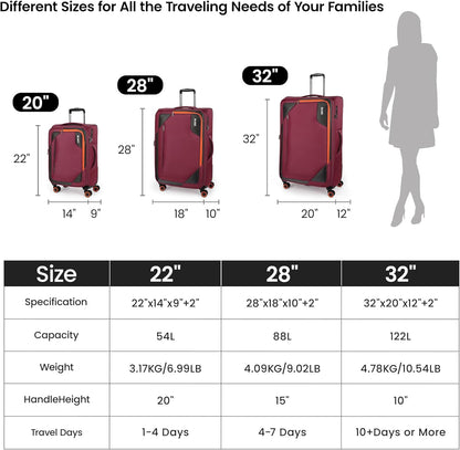 22 inch Carry on Luggage,Softside Suitcase w/TSA LOCK,Expandable 20% Luggage w/Spinner Wheels, Tear-Resistant,Lightweight Rolling Suitcases for Men/Women（Burgundy,22in）