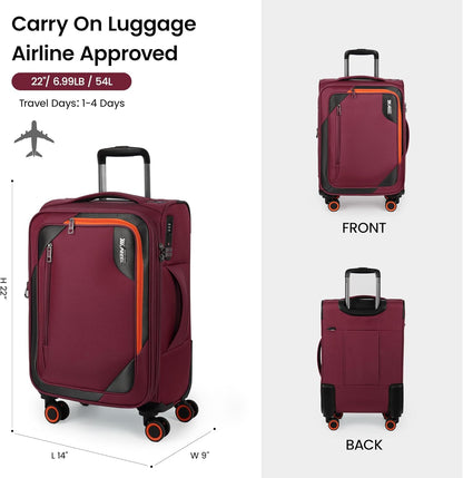 22 inch Carry on Luggage,Softside Suitcase w/TSA LOCK,Expandable 20% Luggage w/Spinner Wheels, Tear-Resistant,Lightweight Rolling Suitcases for Men/Women（Burgundy,22in）