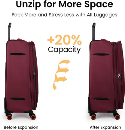 22 inch Carry on Luggage,Softside Suitcase w/TSA LOCK,Expandable 20% Luggage w/Spinner Wheels, Tear-Resistant,Lightweight Rolling Suitcases for Men/Women（Burgundy,22in）