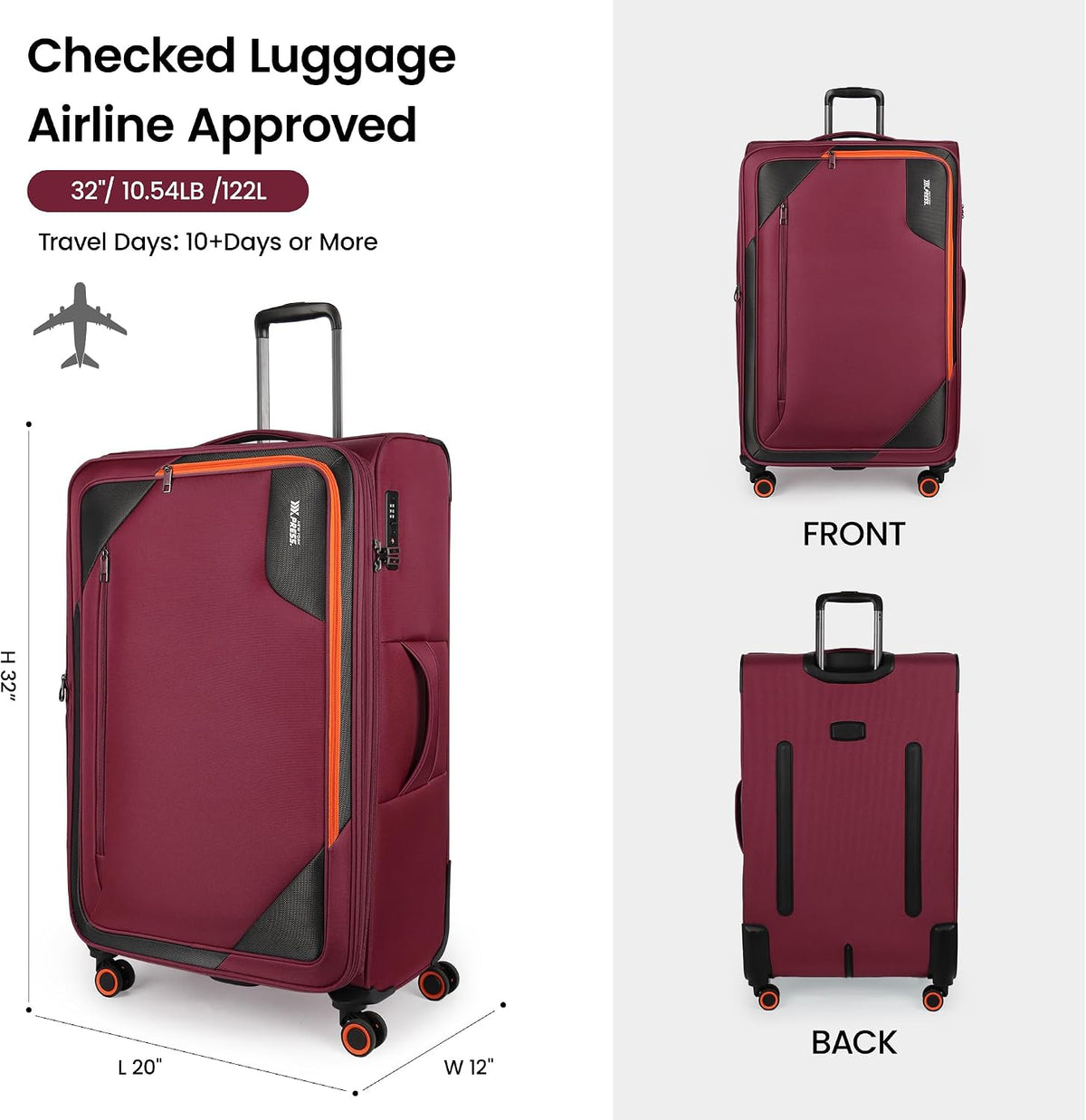 22 inch Carry on Luggage,Softside Suitcase w/TSA LOCK,Expandable 20% Luggage w/Spinner Wheels, Tear-Resistant,Lightweight Rolling Suitcases for Men/Women（Burgundy,22in）