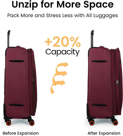 22 inch Carry on Luggage,Softside Suitcase w/TSA LOCK,Expandable 20% Luggage w/Spinner Wheels, Tear-Resistant,Lightweight Rolling Suitcases for Men/Women（Burgundy,22in）