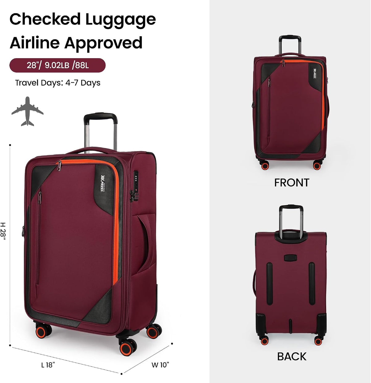 22 inch Carry on Luggage,Softside Suitcase w/TSA LOCK,Expandable 20% Luggage w/Spinner Wheels, Tear-Resistant,Lightweight Rolling Suitcases for Men/Women（Burgundy,22in）