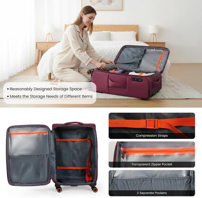 22 inch Carry on Luggage,Softside Suitcase w/TSA LOCK,Expandable 20% Luggage w/Spinner Wheels, Tear-Resistant,Lightweight Rolling Suitcases for Men/Women（Burgundy,22in）