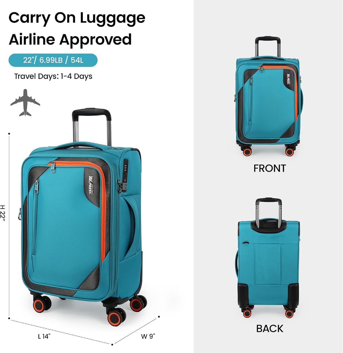 22 inch Carry on Luggage,Softside Suitcase w/TSA LOCK,Expandable 20% Luggage w/Spinner Wheels, Tear-Resistant,Lightweight Rolling Suitcases for Men/Women（Burgundy,22in）