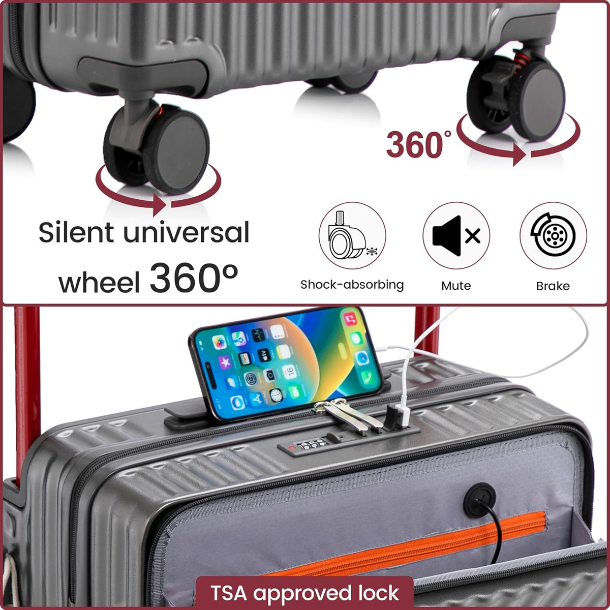 20 Inch Carry On Luggage with Spinner Wheels,PC Hard Shell Suitcase with USB Port,Lightweight Travel Luggage Airline Approved for Men Women, White