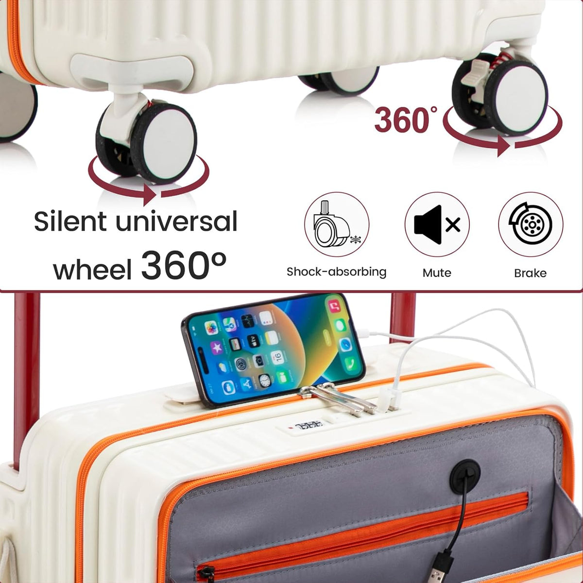 20 Inch Carry On Luggage with Spinner Wheels,PC Hard Shell Suitcase with USB Port,Lightweight Travel Luggage Airline Approved for Men Women, White