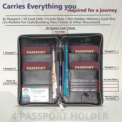 Family 4 Passport Holder - Travel Wallet RFID Blocking, Document Organizer, Essentials Plane Accessory Cover for Women Men (Black)