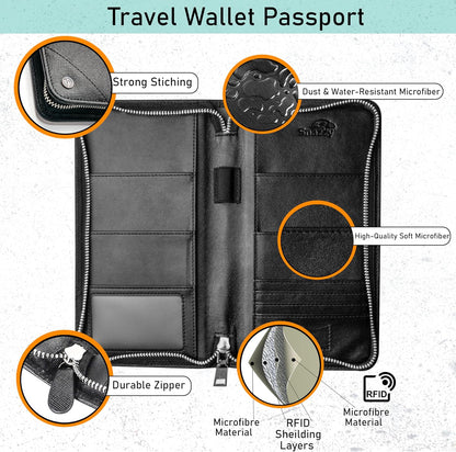 Family 4 Passport Holder - Travel Wallet RFID Blocking, Document Organizer, Essentials Plane Accessory Cover for Women Men (Black)