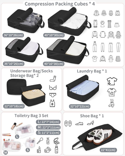 11pc Compression Packing Cubes for Travel, Expandable Suitcase Organizer Bags Set for Carry on Luggage, Essential Travel Accessories for Clothes, Beige