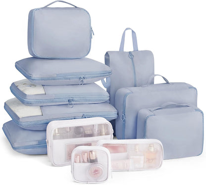 11pc Compression Packing Cubes for Travel, Expandable Suitcase Organizer Bags Set for Carry on Luggage, Essential Travel Accessories for Clothes, Beige