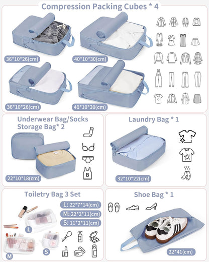 11pc Compression Packing Cubes for Travel, Expandable Suitcase Organizer Bags Set for Carry on Luggage, Essential Travel Accessories for Clothes, Beige