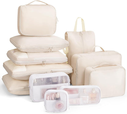 11pc Compression Packing Cubes for Travel, Expandable Suitcase Organizer Bags Set for Carry on Luggage, Essential Travel Accessories for Clothes, Beige