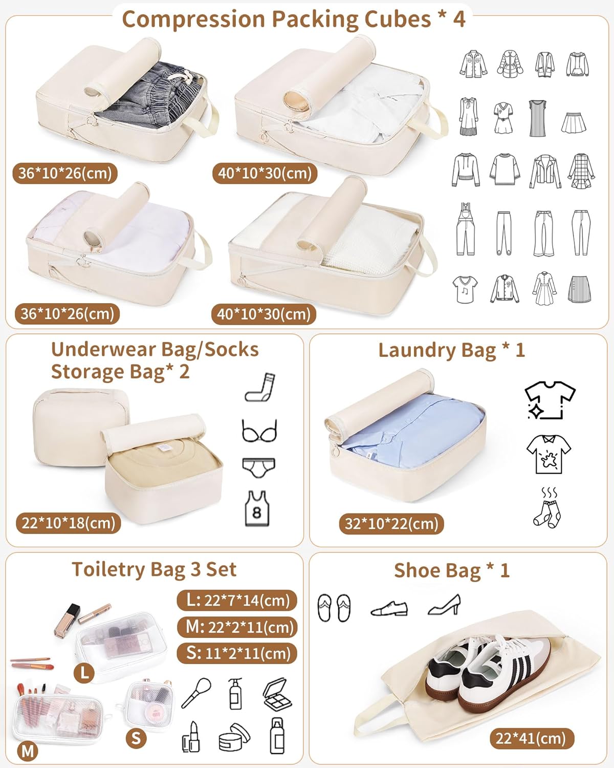 11pc Compression Packing Cubes for Travel, Expandable Suitcase Organizer Bags Set for Carry on Luggage, Essential Travel Accessories for Clothes, Beige