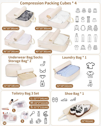 11pc Compression Packing Cubes for Travel, Expandable Suitcase Organizer Bags Set for Carry on Luggage, Essential Travel Accessories for Clothes, Beige