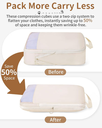 11pc Compression Packing Cubes for Travel, Expandable Suitcase Organizer Bags Set for Carry on Luggage, Essential Travel Accessories for Clothes, Beige
