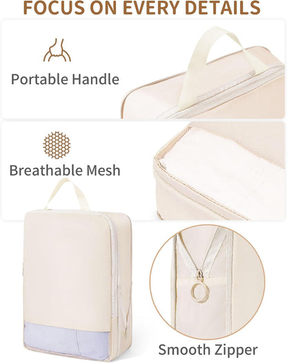 11pc Compression Packing Cubes for Travel, Expandable Suitcase Organizer Bags Set for Carry on Luggage, Essential Travel Accessories for Clothes, Beige