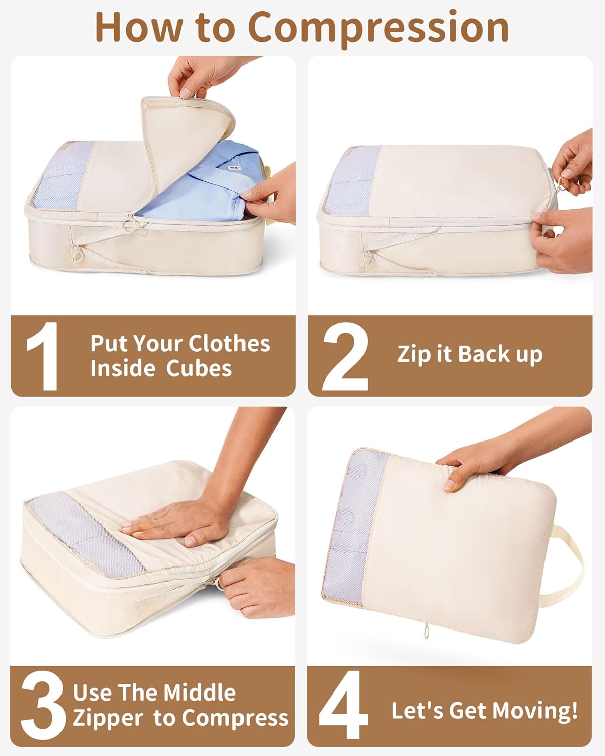 11pc Compression Packing Cubes for Travel, Expandable Suitcase Organizer Bags Set for Carry on Luggage, Essential Travel Accessories for Clothes, Beige