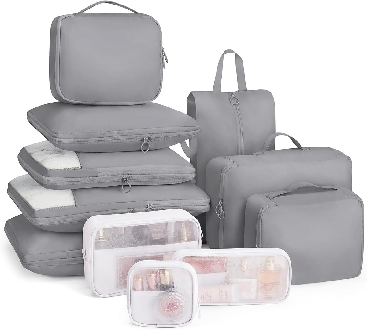 11pc Compression Packing Cubes for Travel, Expandable Suitcase Organizer Bags Set for Carry on Luggage, Essential Travel Accessories for Clothes, Beige