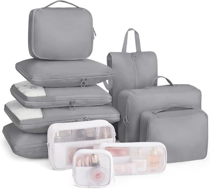11pc Compression Packing Cubes for Travel, Expandable Suitcase Organizer Bags Set for Carry on Luggage, Essential Travel Accessories for Clothes, Beige