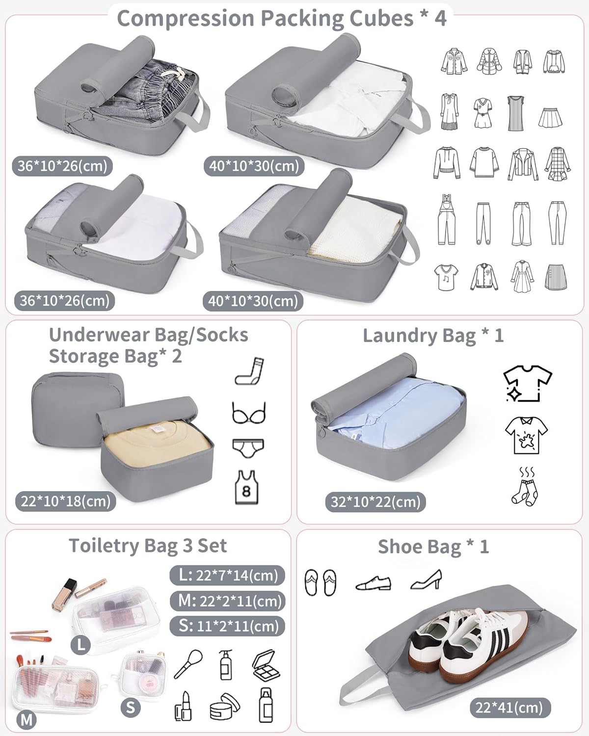 11pc Compression Packing Cubes for Travel, Expandable Suitcase Organizer Bags Set for Carry on Luggage, Essential Travel Accessories for Clothes, Beige