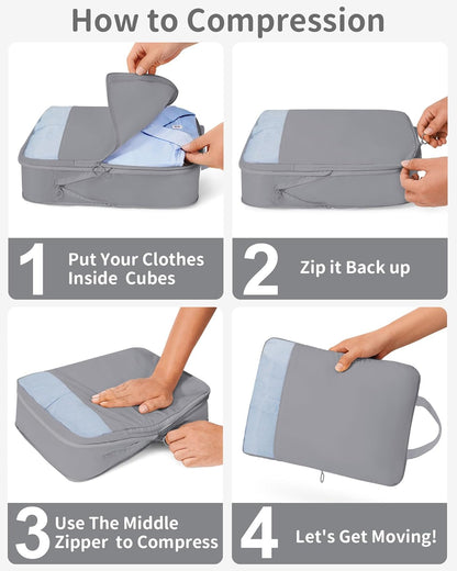 11pc Compression Packing Cubes for Travel, Expandable Suitcase Organizer Bags Set for Carry on Luggage, Essential Travel Accessories for Clothes, Beige