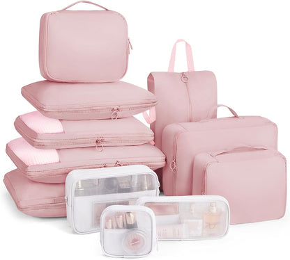 11pc Compression Packing Cubes for Travel, Expandable Suitcase Organizer Bags Set for Carry on Luggage, Essential Travel Accessories for Clothes, Beige