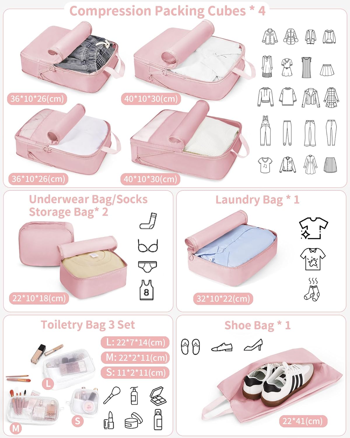 11pc Compression Packing Cubes for Travel, Expandable Suitcase Organizer Bags Set for Carry on Luggage, Essential Travel Accessories for Clothes, Beige