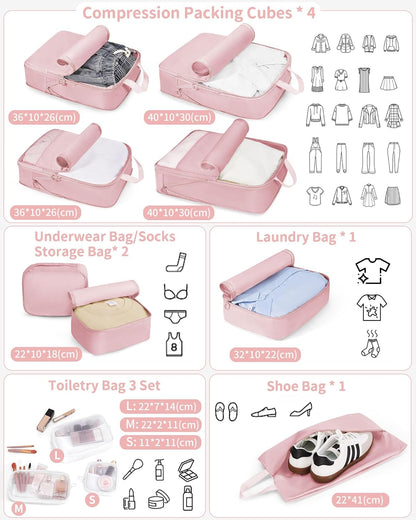 11pc Compression Packing Cubes for Travel, Expandable Suitcase Organizer Bags Set for Carry on Luggage, Essential Travel Accessories for Clothes, Beige
