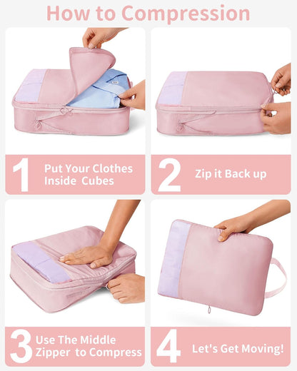 11pc Compression Packing Cubes for Travel, Expandable Suitcase Organizer Bags Set for Carry on Luggage, Essential Travel Accessories for Clothes, Beige