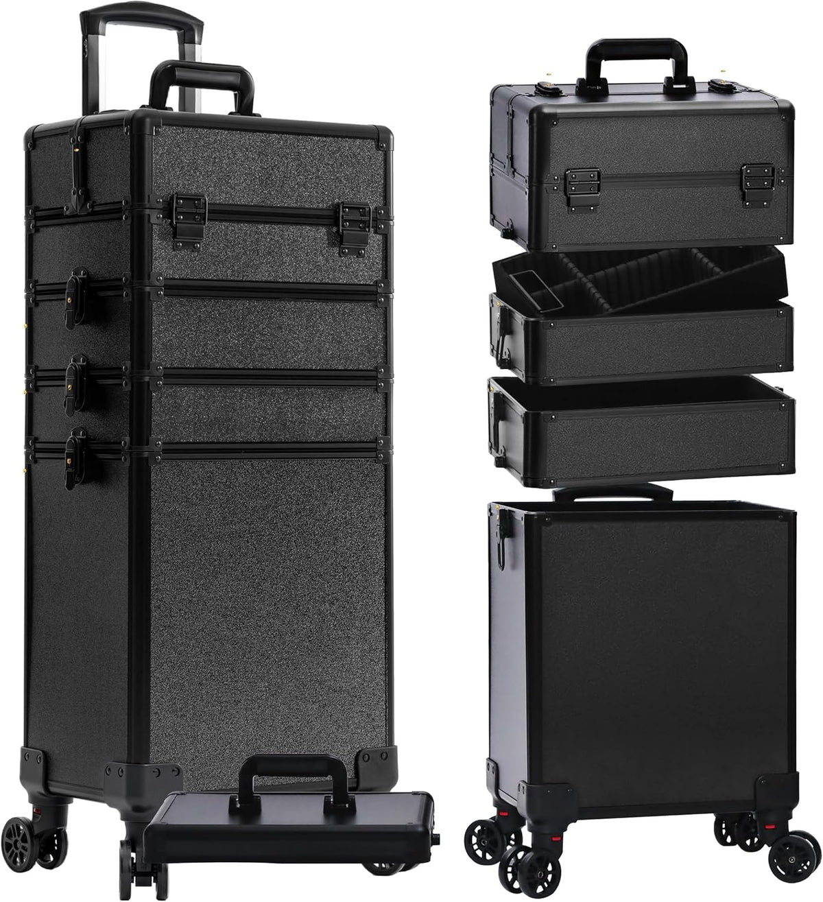 Profesional Rolling Makeup Train Case with Lid, 5 in 1 Cosmetology Case on Wheels, Large Cosmetic Trolley Organizer Travel for Hairstylist Artist Nail Beauty Salon Barber, Black Ink