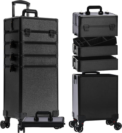 Profesional Rolling Makeup Train Case with Lid, 5 in 1 Cosmetology Case on Wheels, Large Cosmetic Trolley Organizer Travel for Hairstylist Artist Nail Beauty Salon Barber, Black Ink