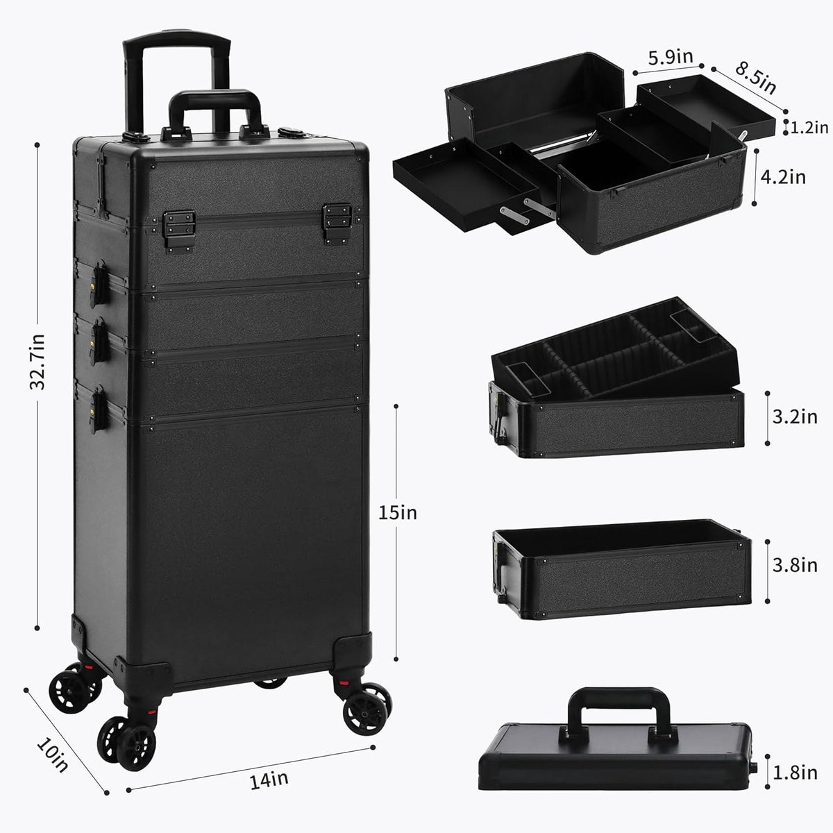 Profesional Rolling Makeup Train Case with Lid, 5 in 1 Cosmetology Case on Wheels, Large Cosmetic Trolley Organizer Travel for Hairstylist Artist Nail Beauty Salon Barber, Black Ink