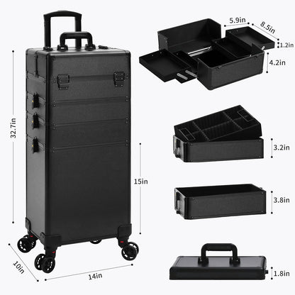 Profesional Rolling Makeup Train Case with Lid, 5 in 1 Cosmetology Case on Wheels, Large Cosmetic Trolley Organizer Travel for Hairstylist Artist Nail Beauty Salon Barber, Black Ink